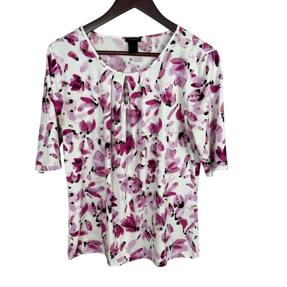 Ann Taylor Tops - Ann Taylor Floral Print Top Women's L White Pink Keyhole Neck 3/4 Sleeve